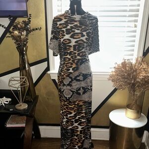 Fashion Nova Black and Tan Mixed Animal Print Midi Dress